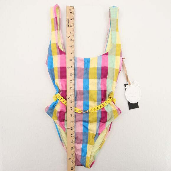 Gianni Bini x Jess Southern Plaid One Piece Swimsuit Scoop Neck Ruffle XS NWT - Picture 3 of 12